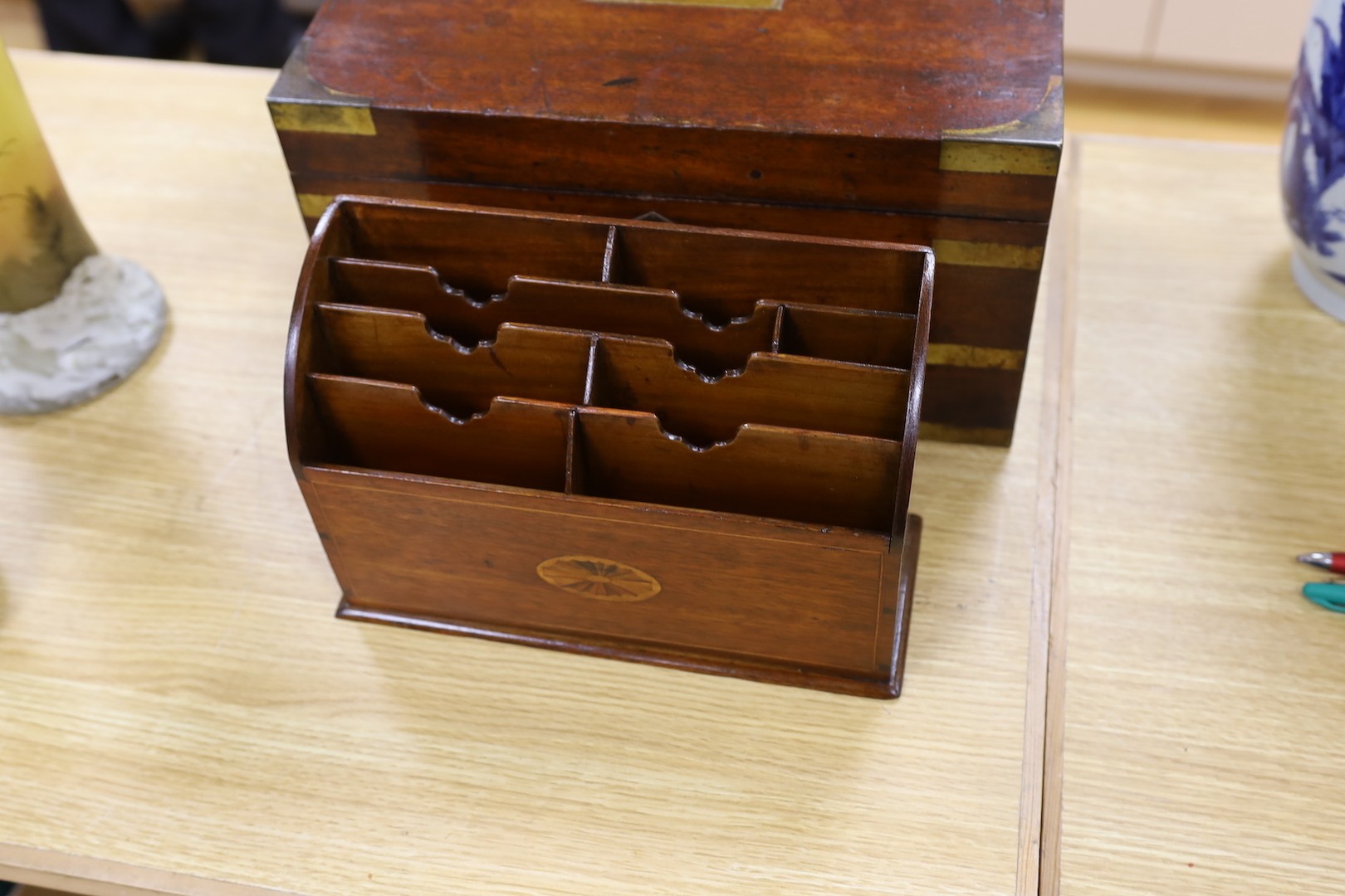 A military style Victorian mahogany box and Edwardian inlaid stationary rack, box 38 cms wide x 20 cms high